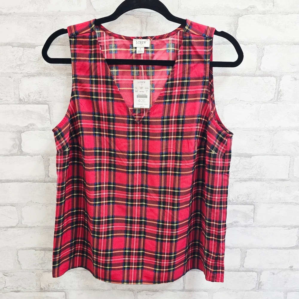 NWT J.Crew Womens Red‎ Stewart Plaid V-Neck Sleeveless Shell Top Size S
